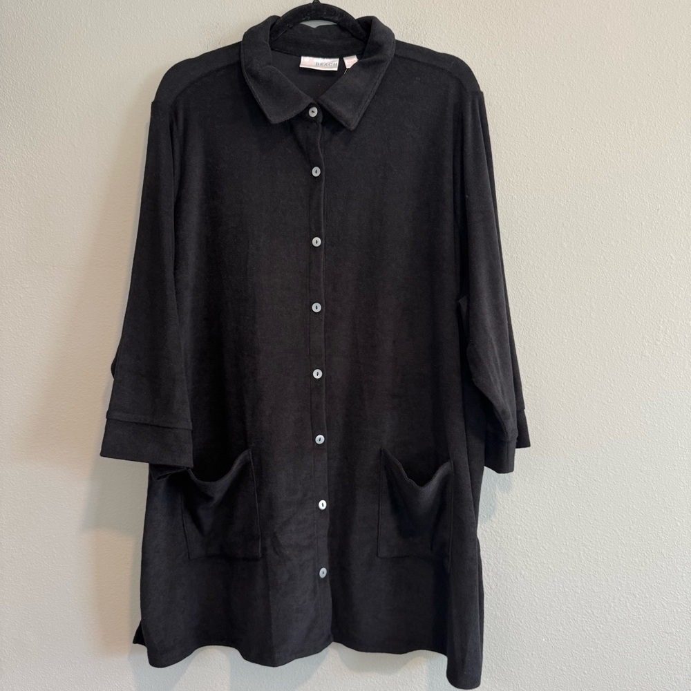Belle Kim Gravel Beach Button-Up Shirt Pockets Poolside Terry Cloth Beach 2X